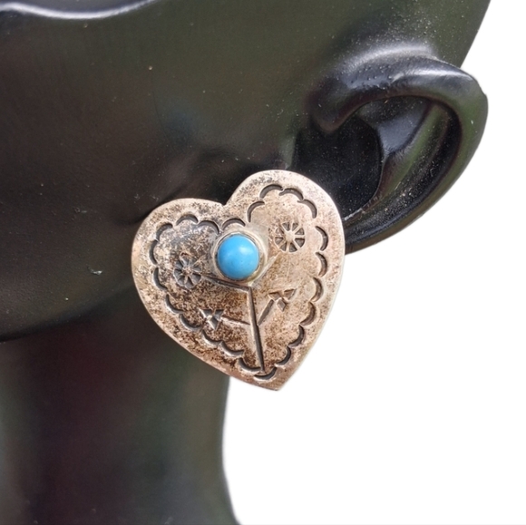 TAXCO MEXICO VINTAGE STERLING SILVER & TURQUOISE HEART EARRINGS - Picture 2 of 6